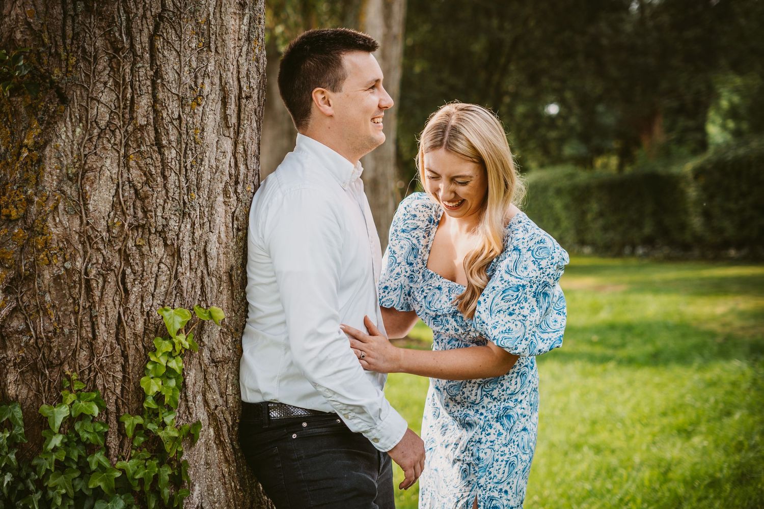 laughing couple just got engaged she said "yes"