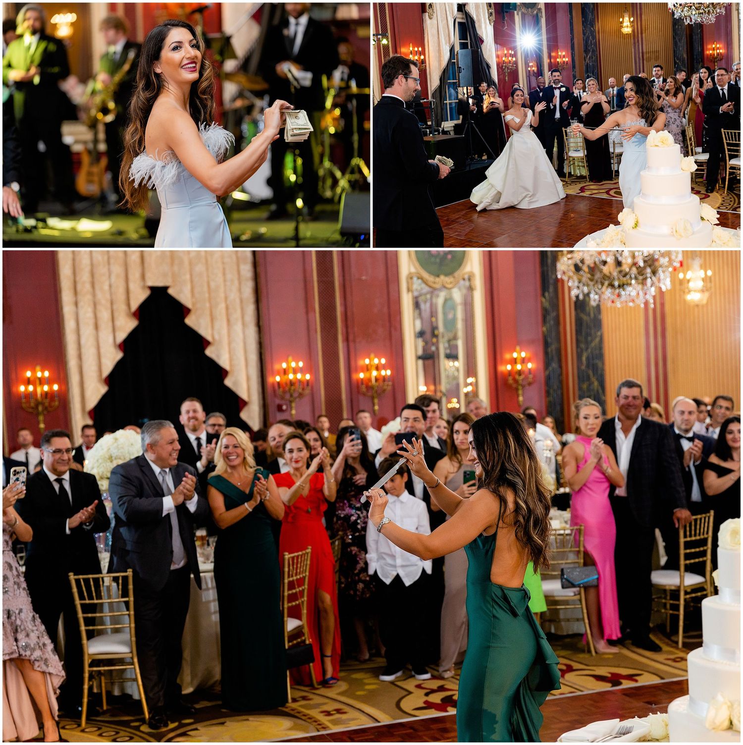 Formal ballroom celebration with dancing guests and elegant decor in shades of pink and gold.