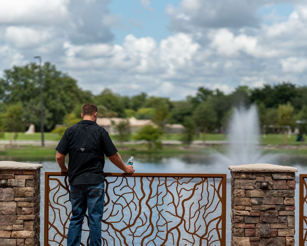 Person looking at fountain over decorative metal railing in park setting.