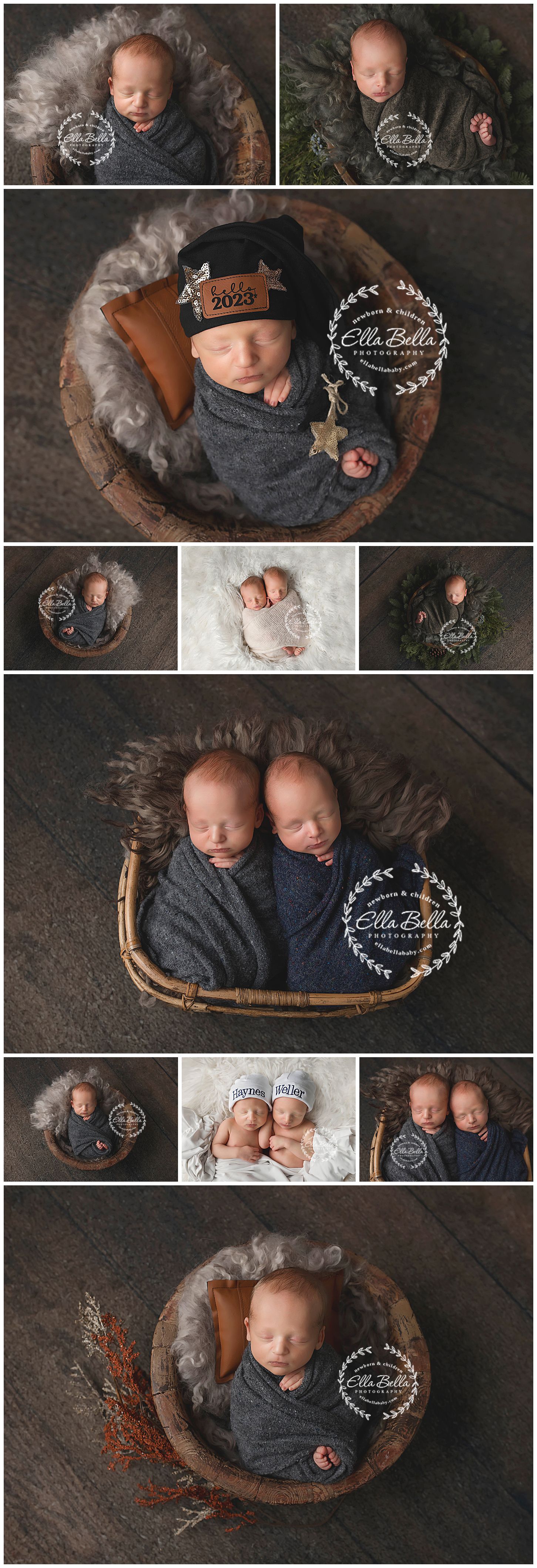Artistic newborn photography session featuring twins in rustic wooden baskets with cozy textures.