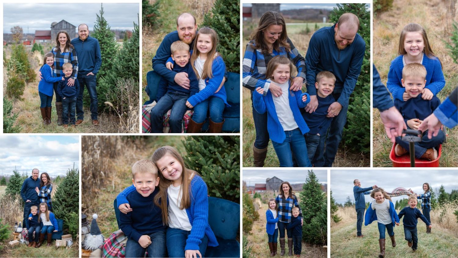 Collection of candid family portraits in coordinating blue outfits against natural outdoor backgrounds.