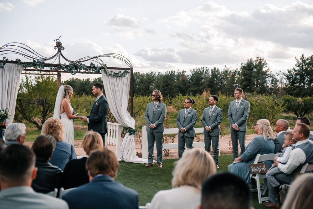 Wedding ceremony in progress with wedding party and guests on manicured lawn.