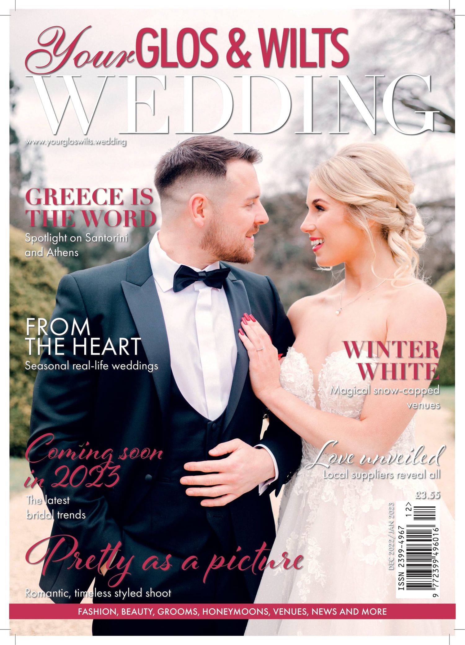 Collection of romantic wedding magazine covers featuring couples in formal attire.
