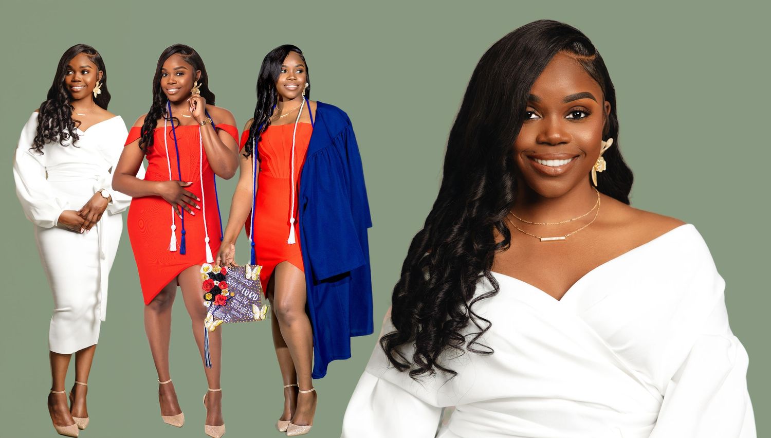 Woman in white off-shoulder dress poses beside three women in colorful graduation outfits on green background.