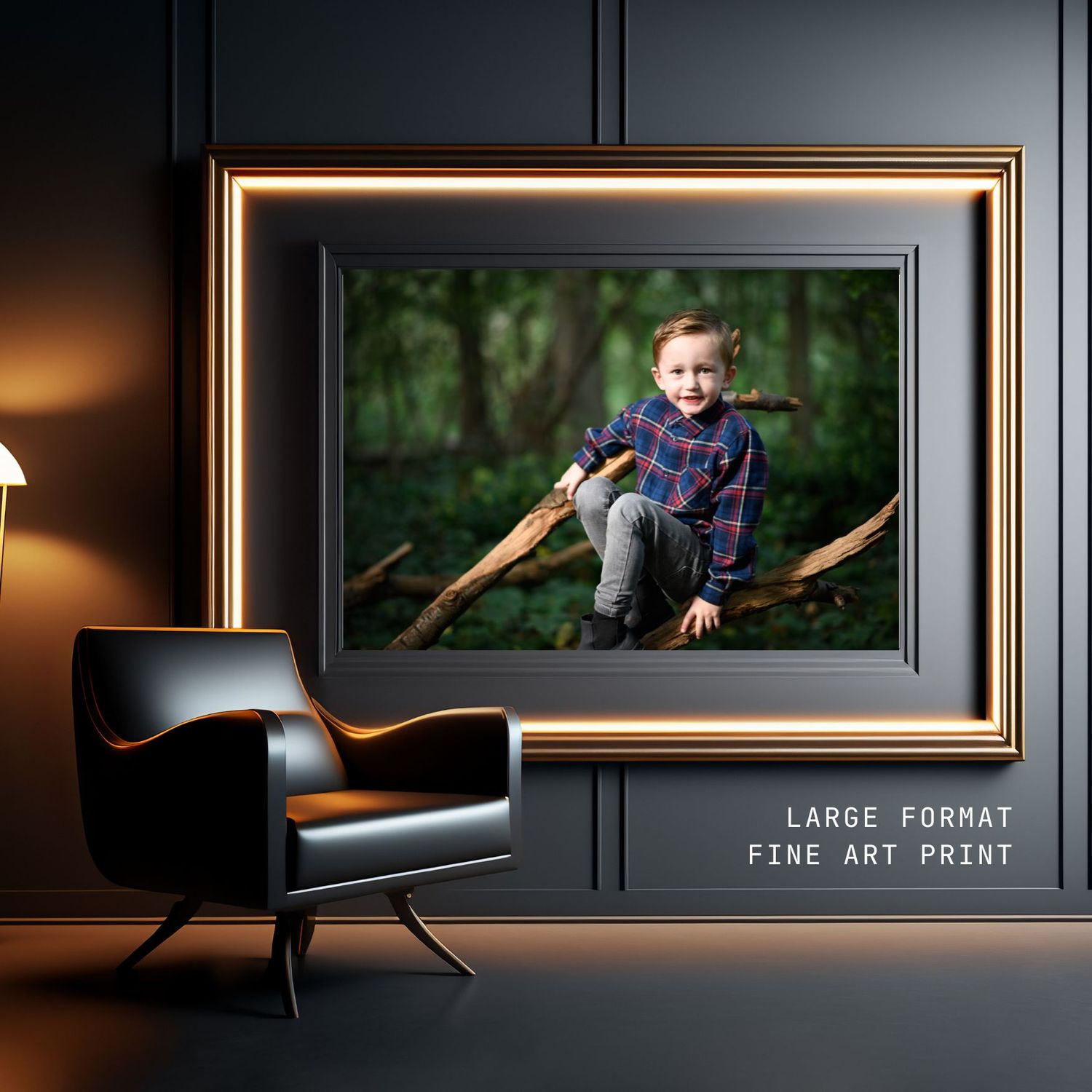Large format fine art print mockup displayed in elegant frame with modern black accent chair.