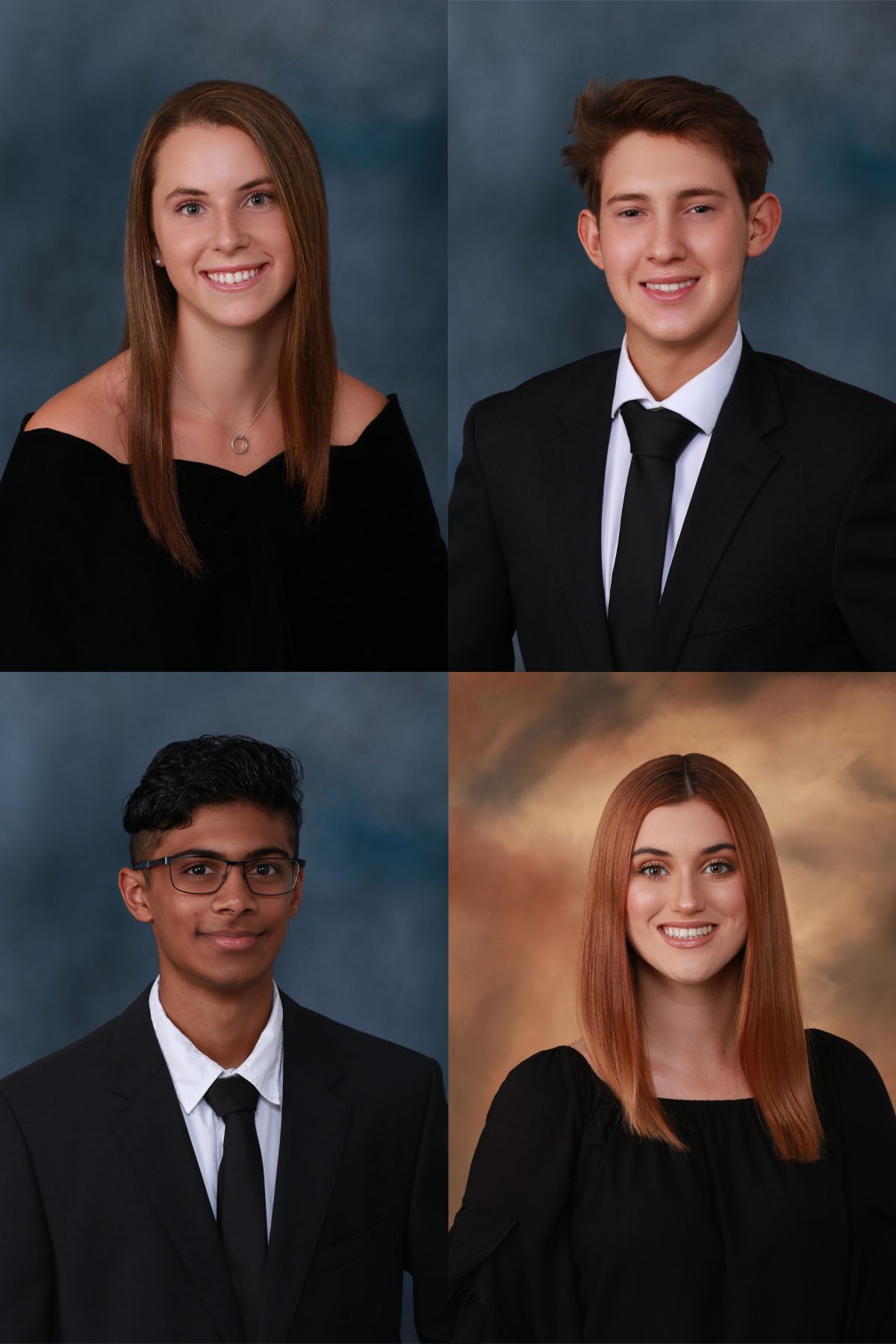 Professional yearbook style portraits of four students in formal attire against blue backdrop.