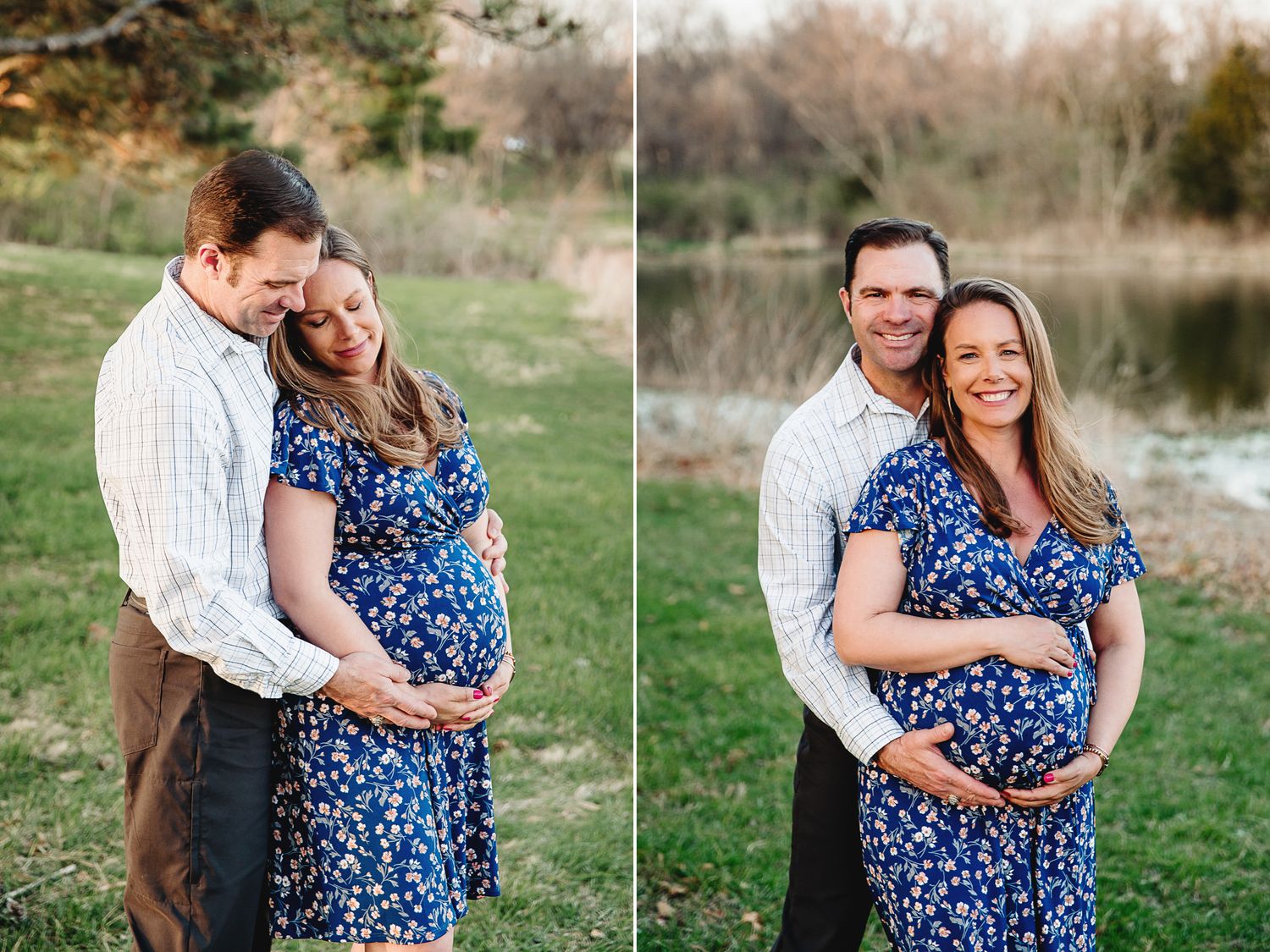 mom and dad in embracing pose looking at moms expecting belly