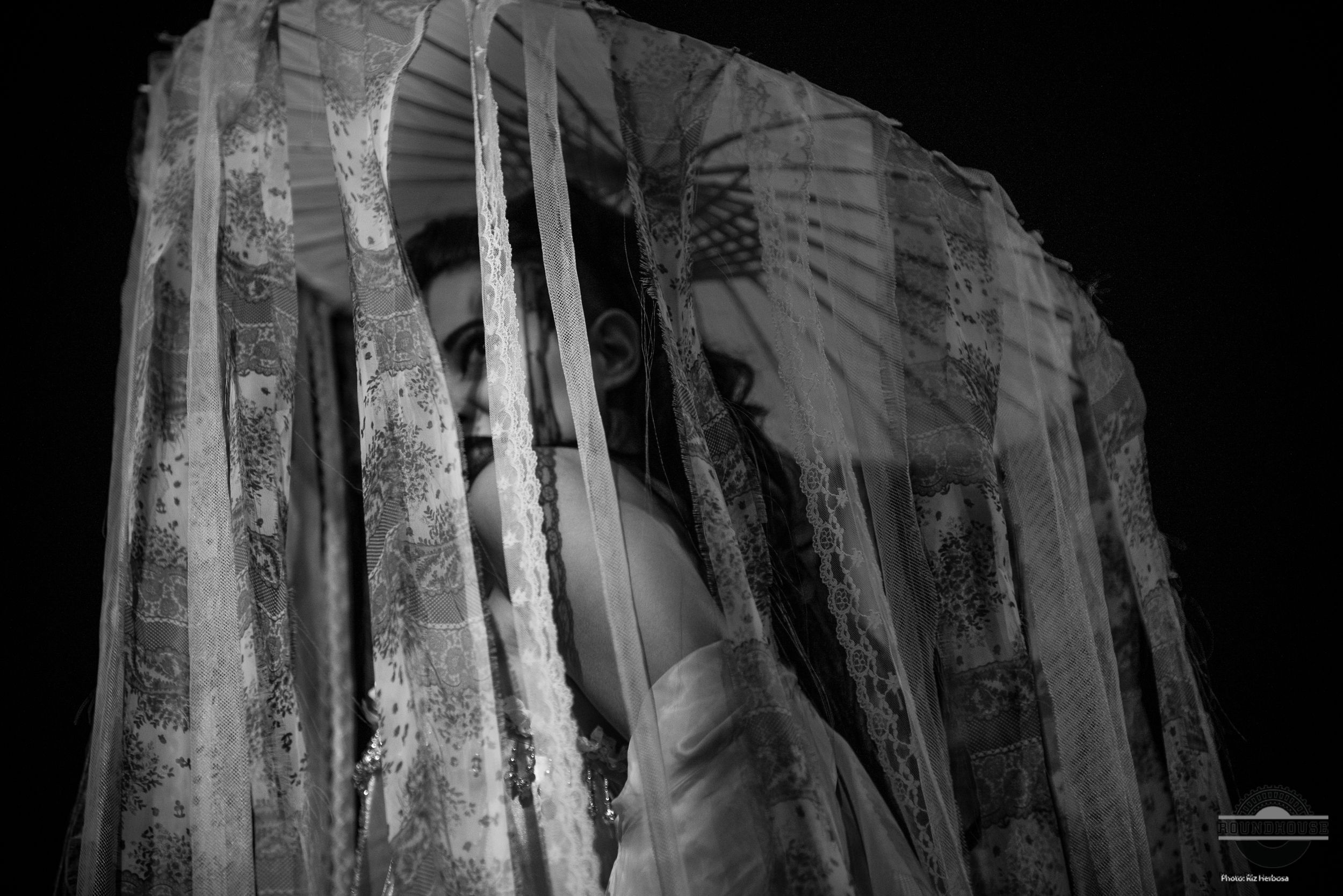 Artistic black and white photo of a figure behind draped fabric creating dramatic shadows. Vancouver Dance Photography by Riz Herbosa