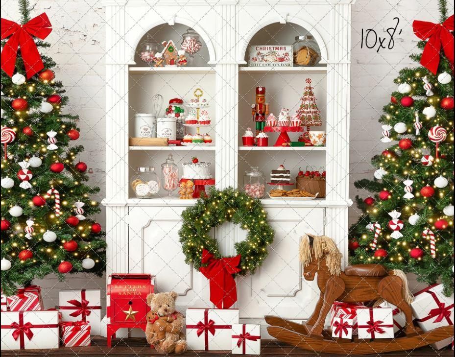 Festive Christmas scene with decorated trees, white shelves and wrapped presents.