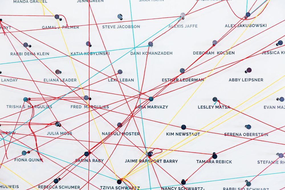 Detailed network diagram showing interconnected points with red and blue lines. Mika Larson Photography.