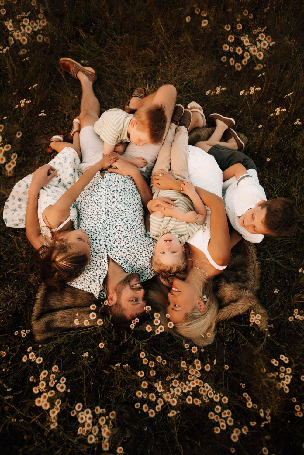 Couple lying in a field of small white flowers photographed from above at sunset.