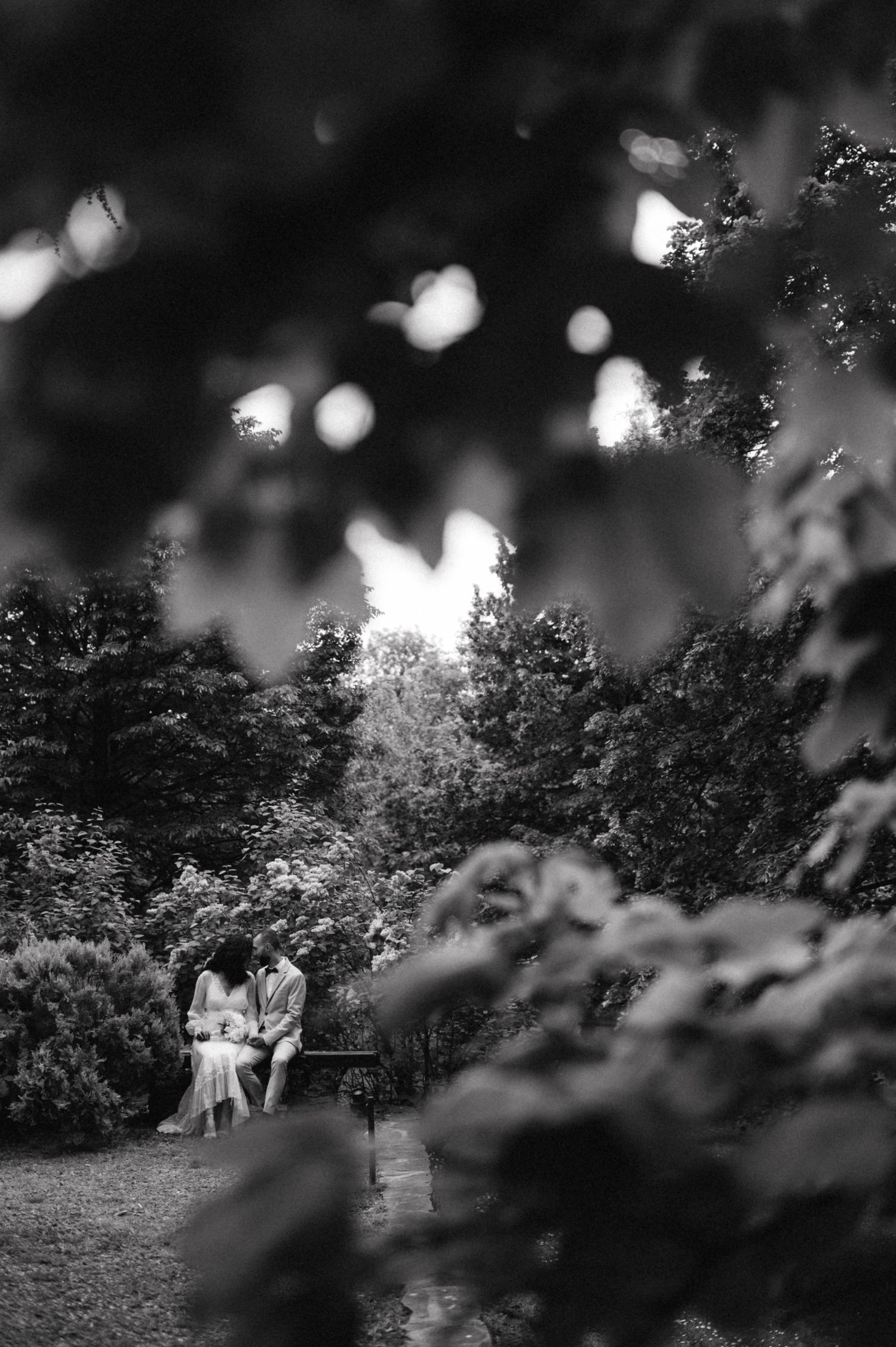 Artistic black and white garden photo with bokeh effect and distant couple.