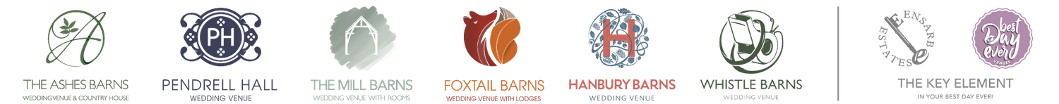 Row of coloured logos for The Ashes Barns, Pendrell Hall, The Mill Barns, Foxtail Barns, Hanbury Barns and Whistle Barns.