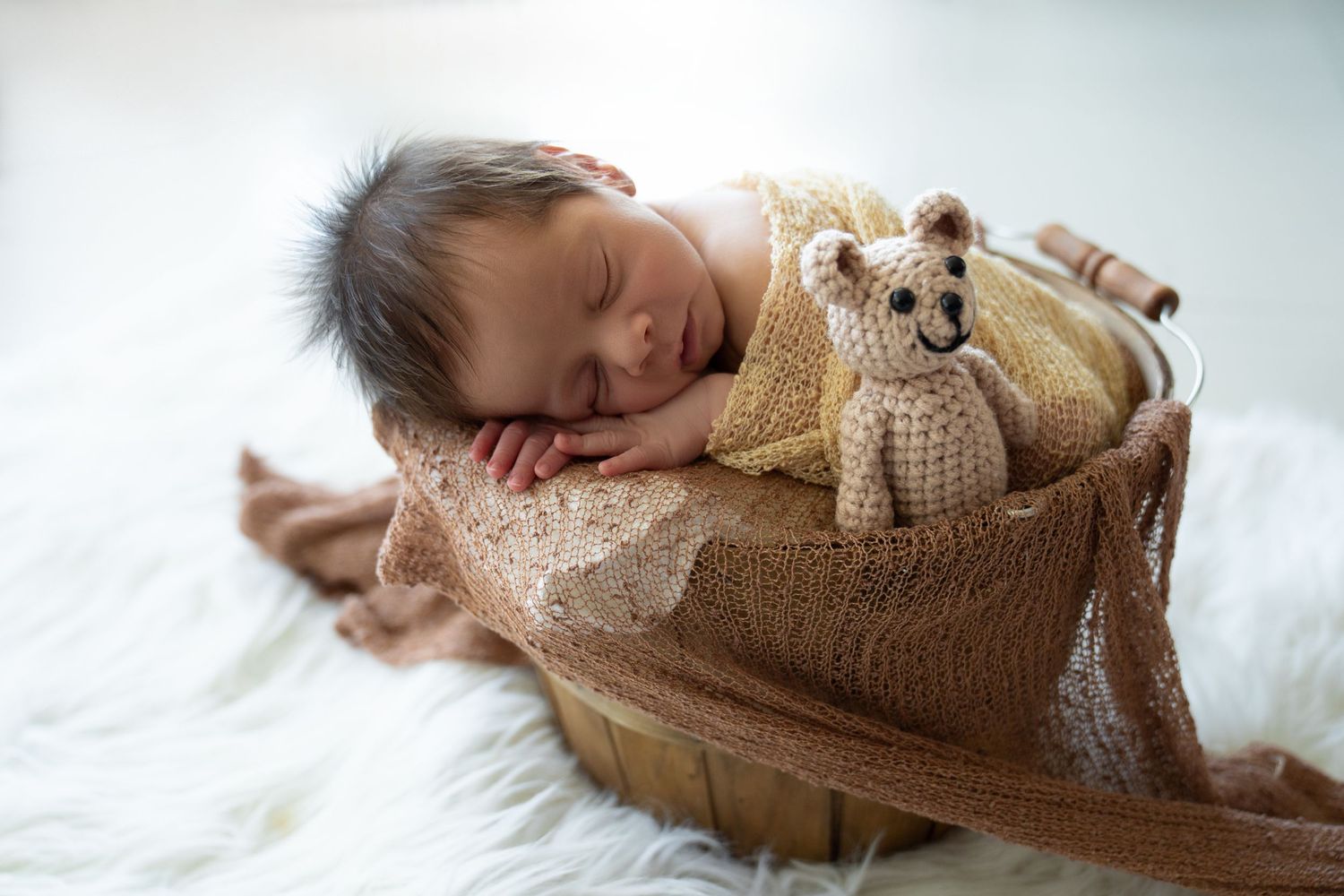 Sleeping newborn nestled in brown wrap with small plush toy on white fur backdrop.