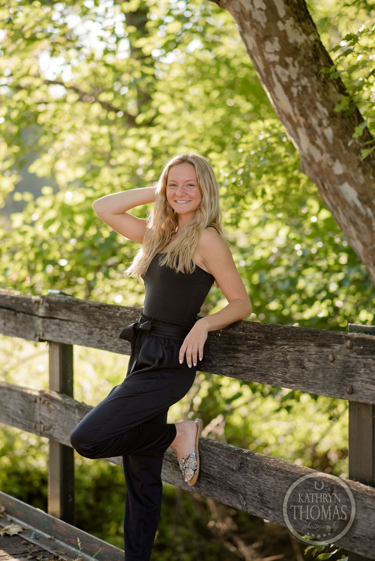 Summer portrait on rustic wooden fence with dappled sunlight through trees.