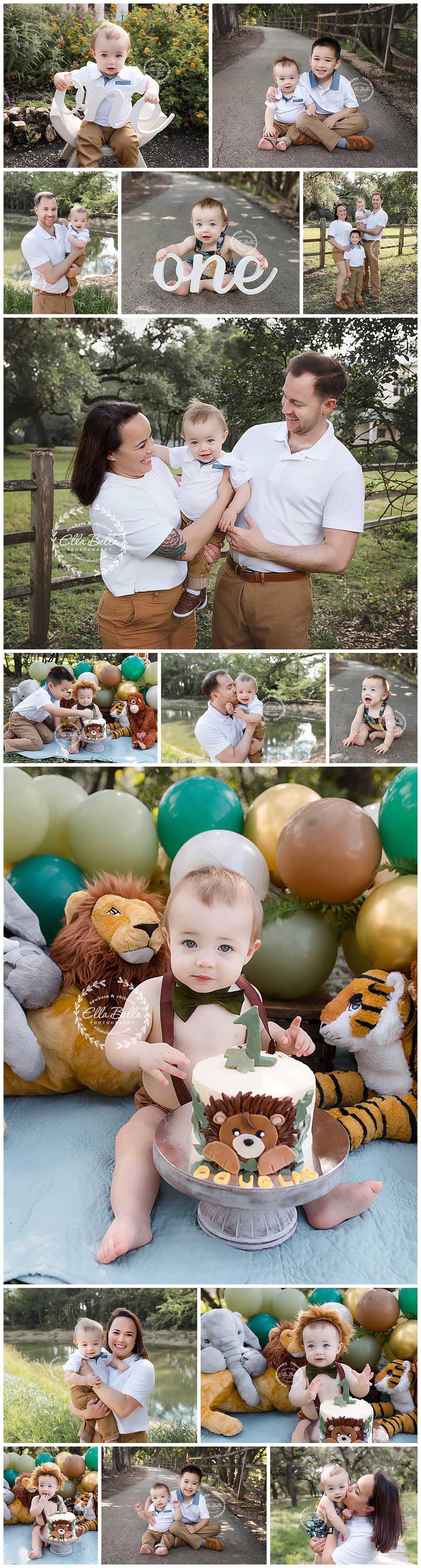 Safari-themed first birthday photoshoot collection with outdoor family portraits and cake smash scenes.