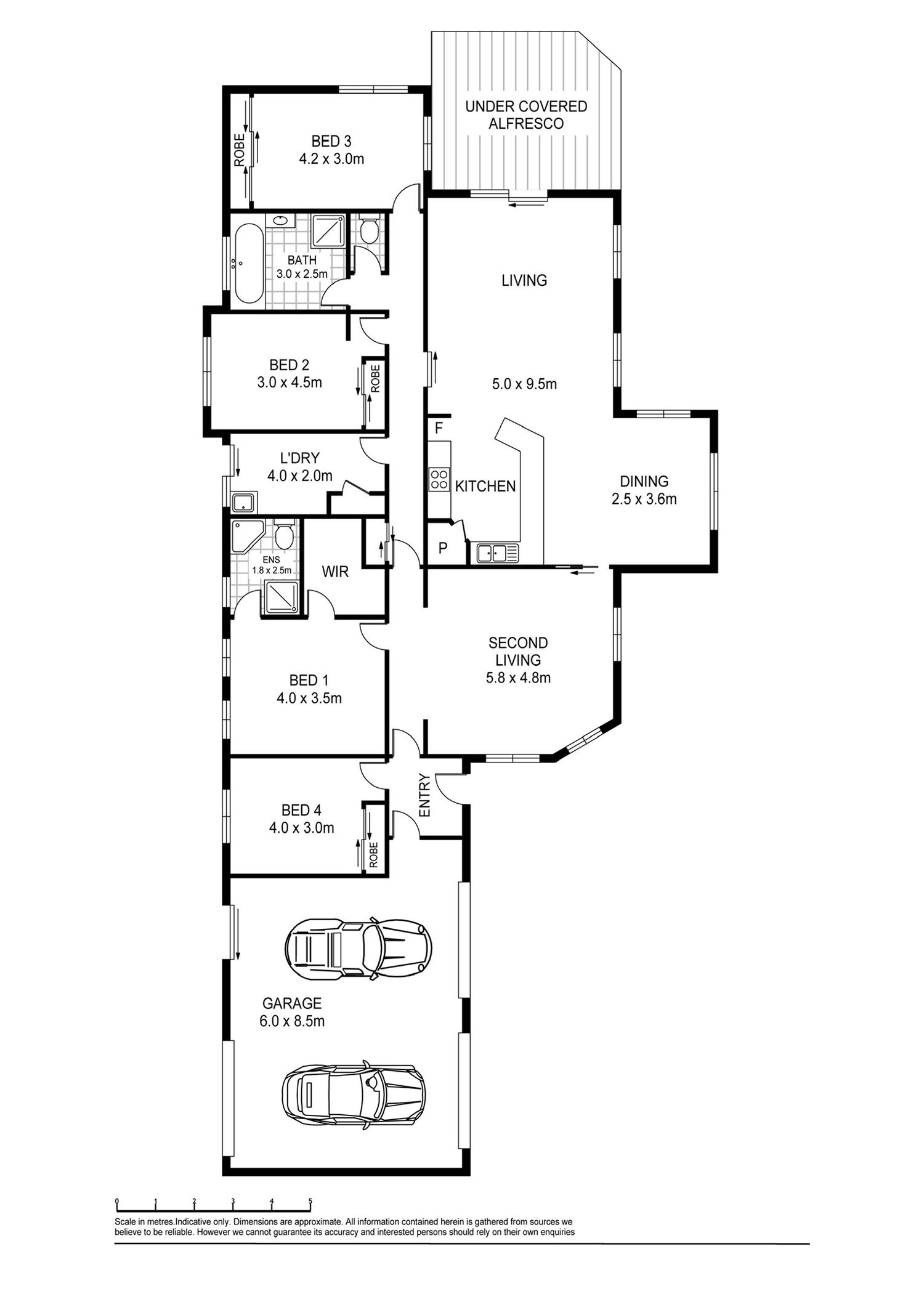 Floor plan layout showing multiple bedrooms, living areas and garage space with measurements.