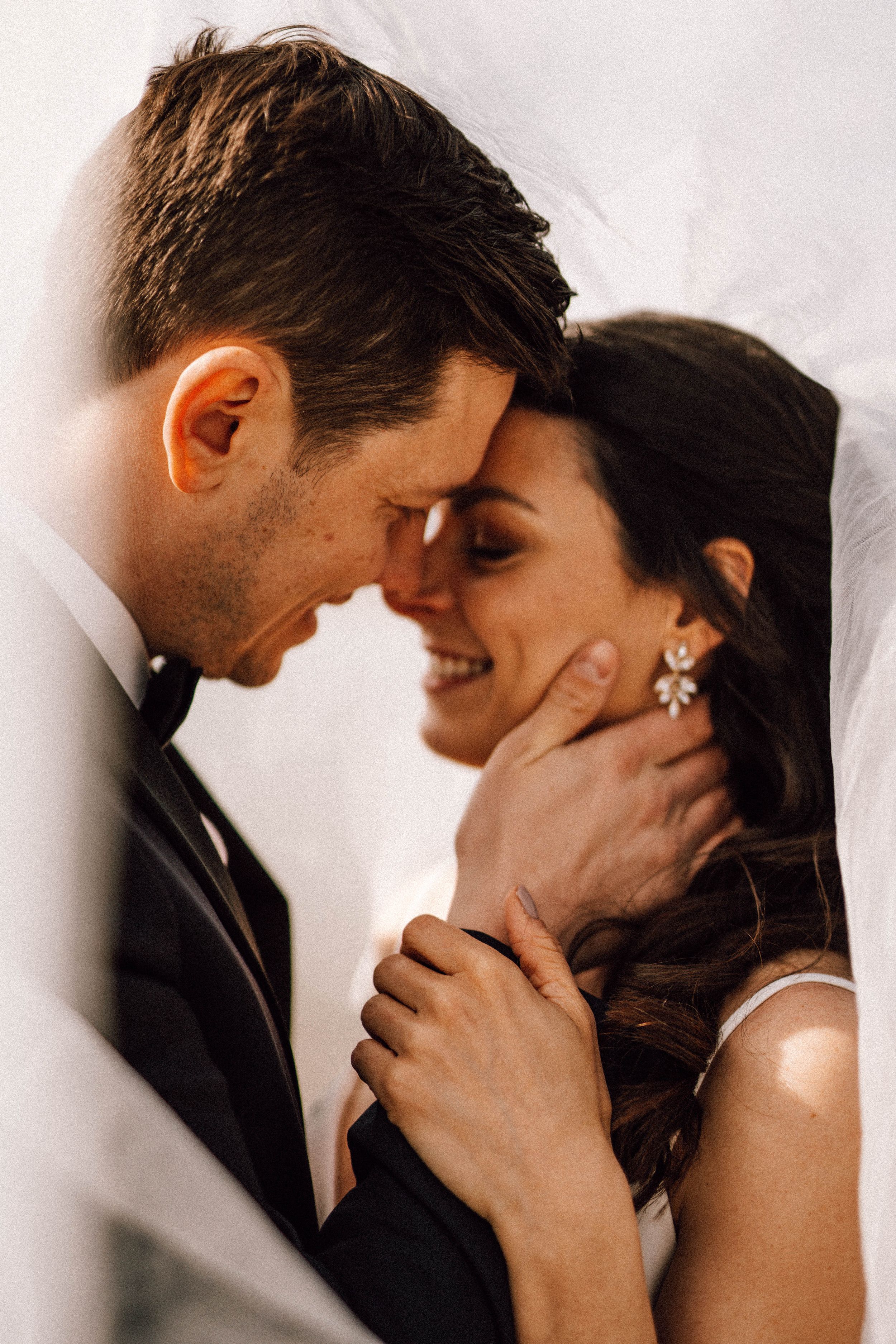 Romantic sequence of wedding photos showing tender moments between newlyweds under a veil.