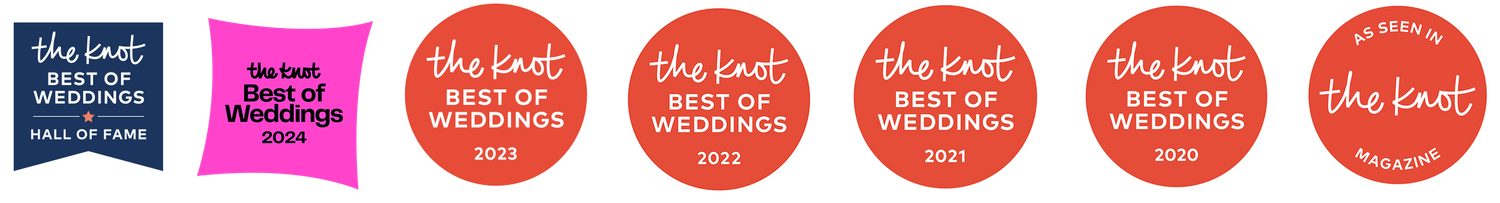 Collection of wedding industry achievement award badges arranged in a line.