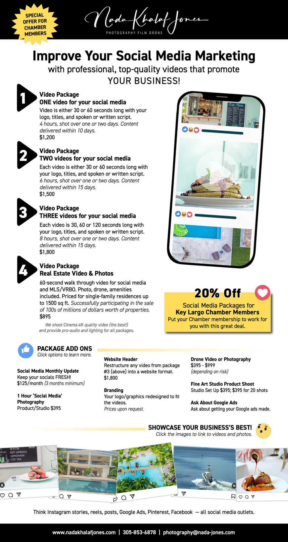 Marketing package pricing options for real estate social media content and video services.