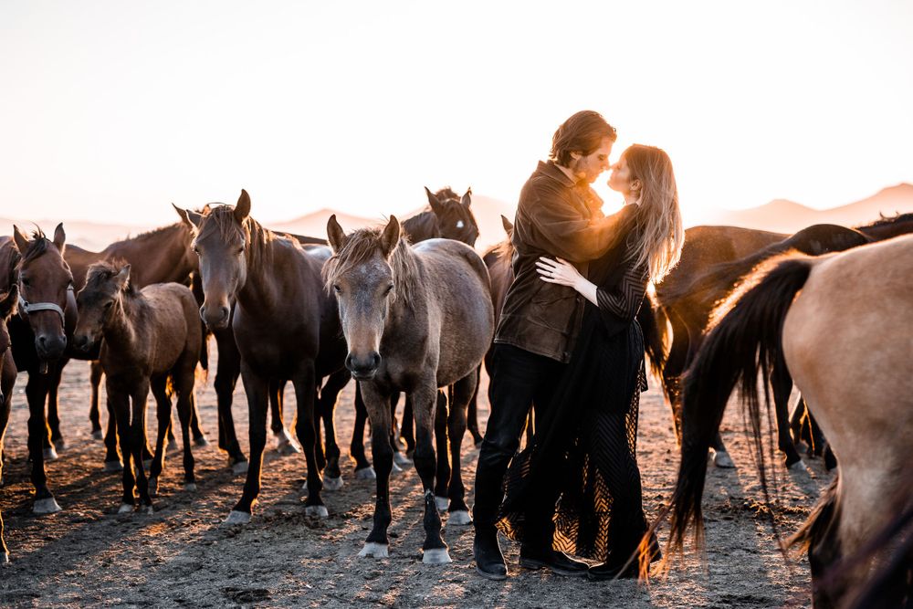 Romantic couple embracing among a herd of wild horses at golden hour.