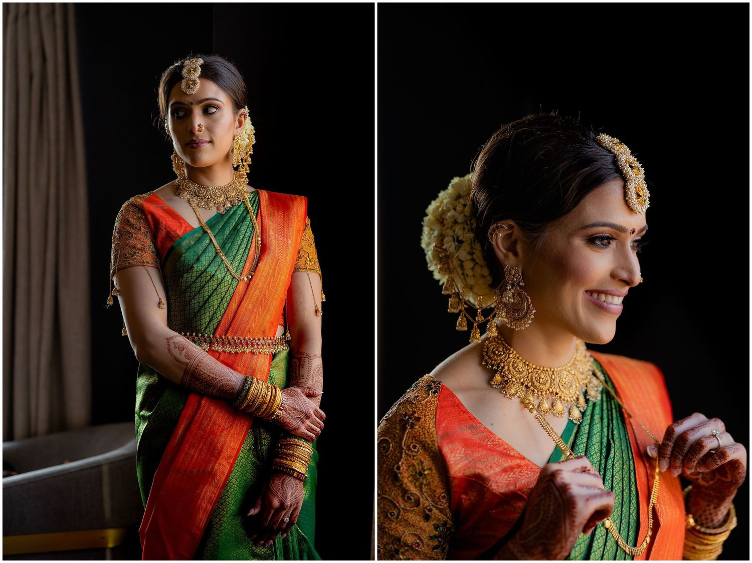 Traditional Indian wedding attire featuring a colorful silk saree with intricate gold jewelry.