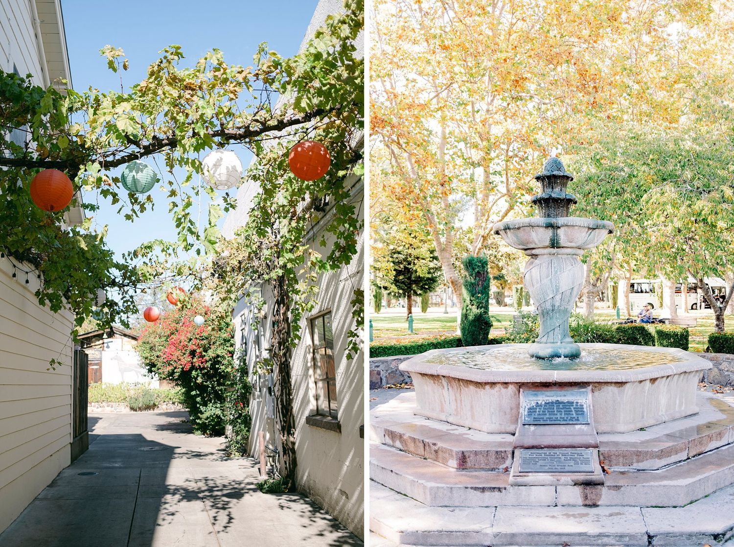 Beautiful alley with lanterns and a fountain in Sonoma Plaza