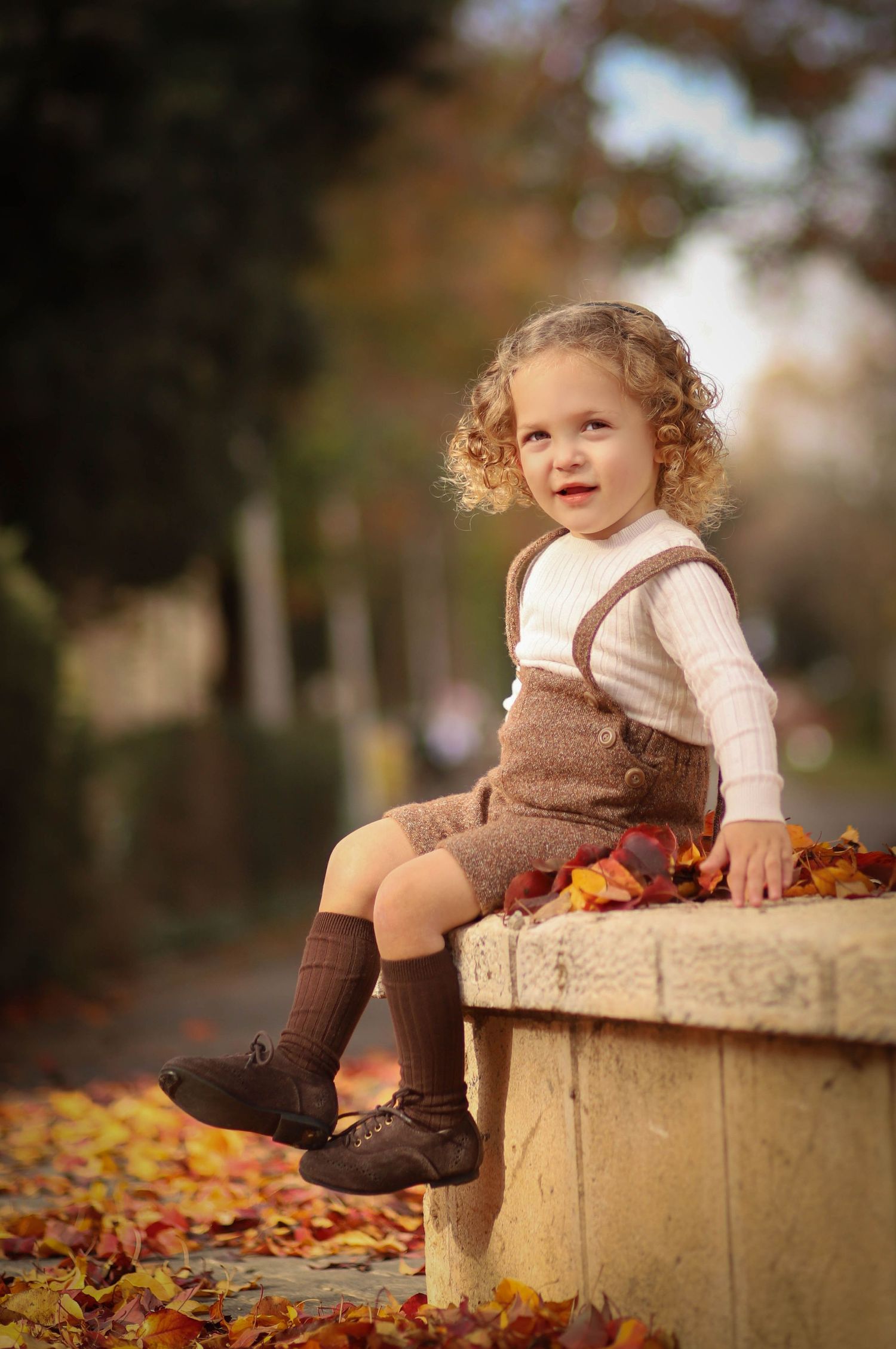 Child in brown overalls sits on stone wall surrounded by autumn leaves.