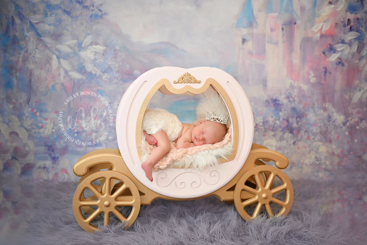 Newborn baby sleeping in a Cinderella carriage prop with fairytale castle backdrop.