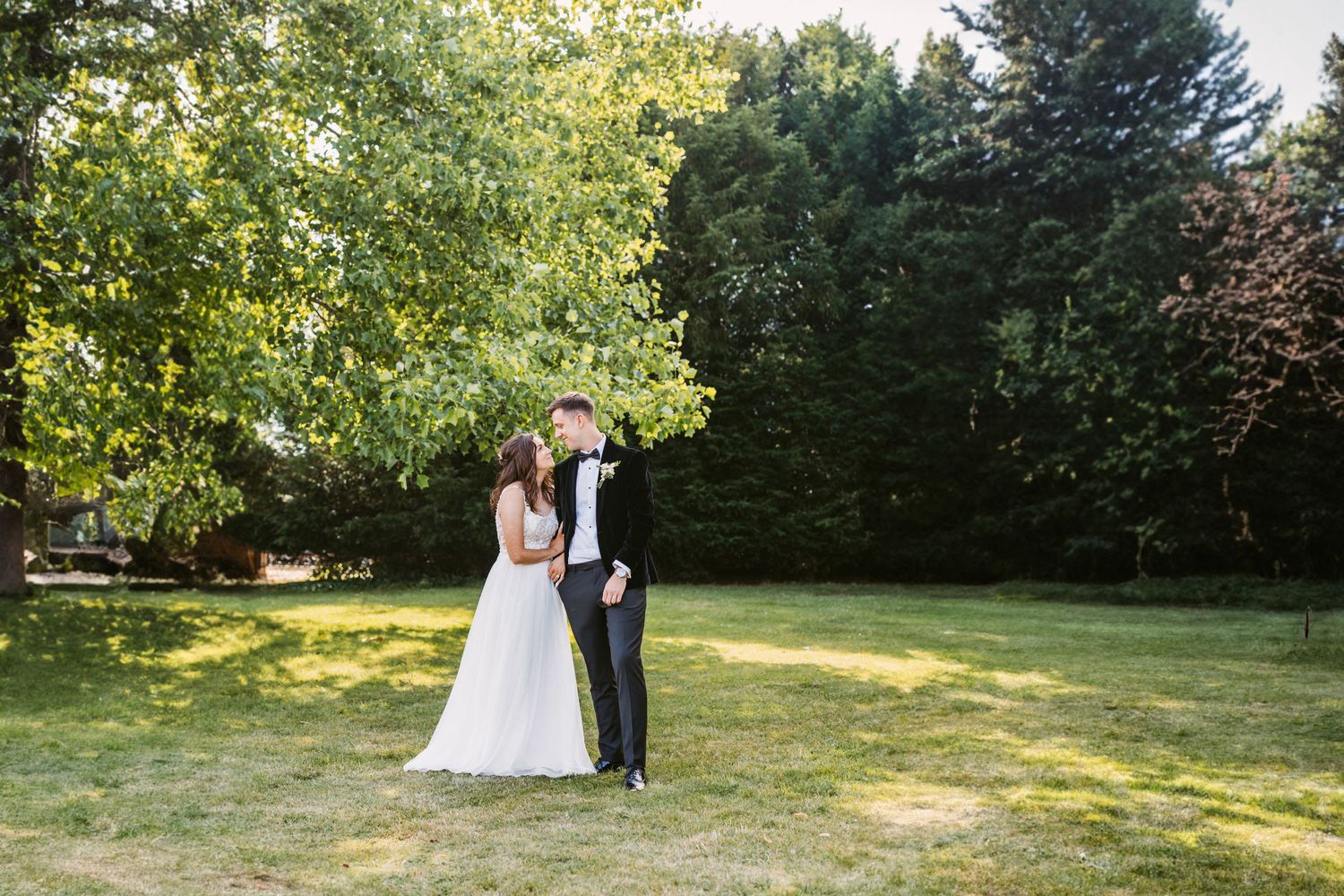 Couple embraces on sunlit lawn with trees in background.