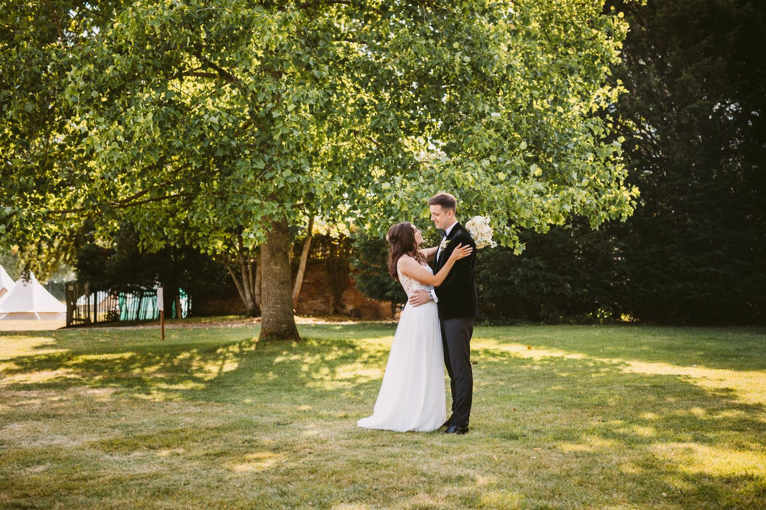 Newlyweds embrace on sunlit lawn under spreading tree branches.