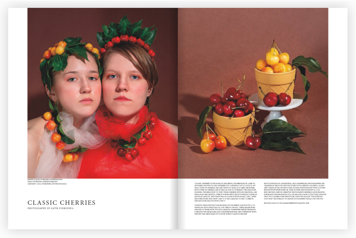 Poppn Magazine pages of published photography work, half is portraits of two sisters, the second is cherries display.