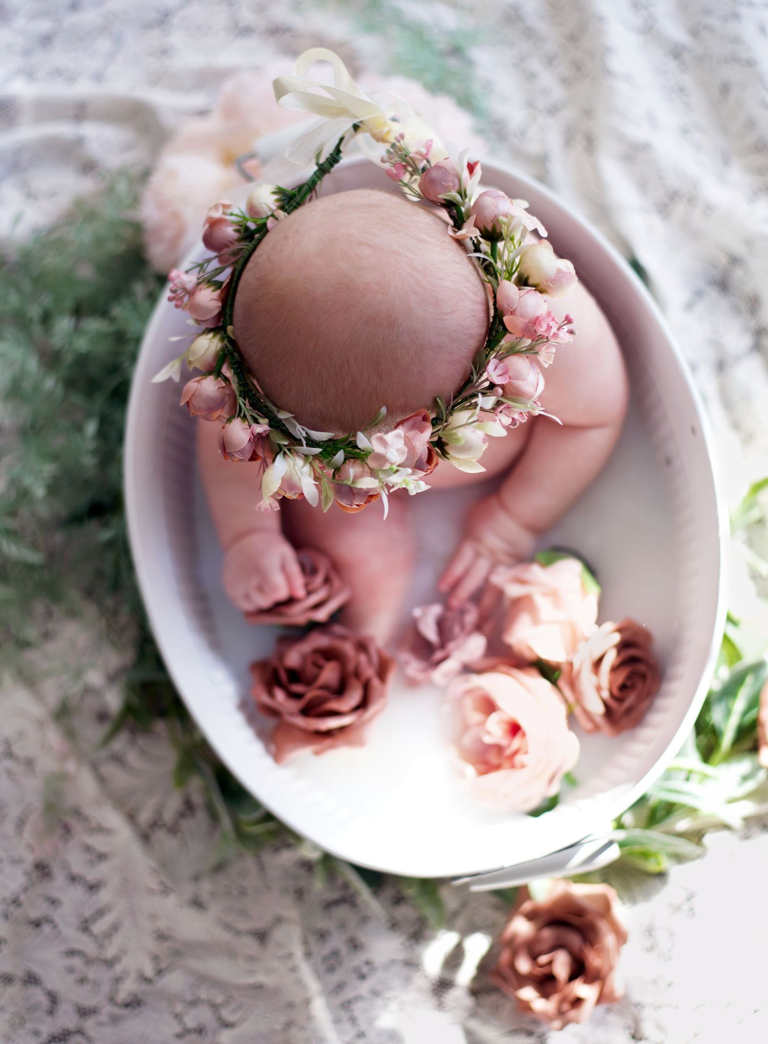 milk bath; floral headband; florals; baby girl; pink, lace