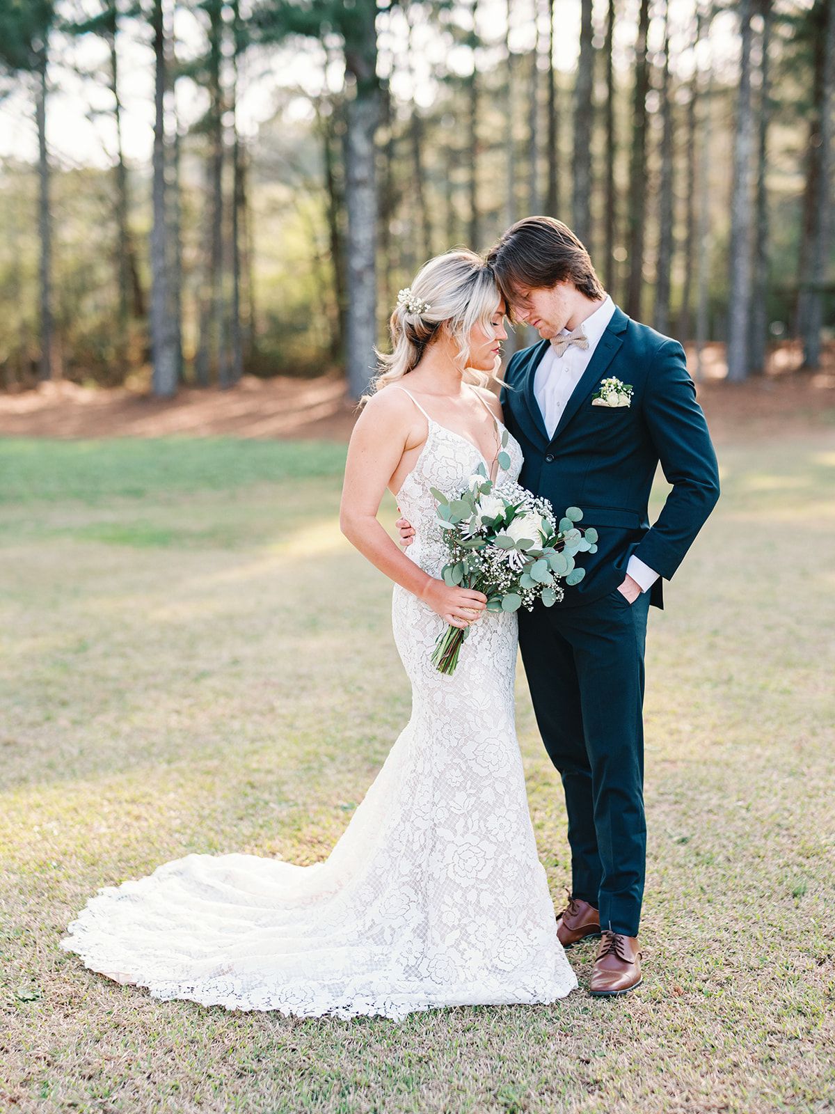 Georgia Wedding Venues- Couples portraits- field- bouquet- wedding dress - Sanctuaire Atelier.