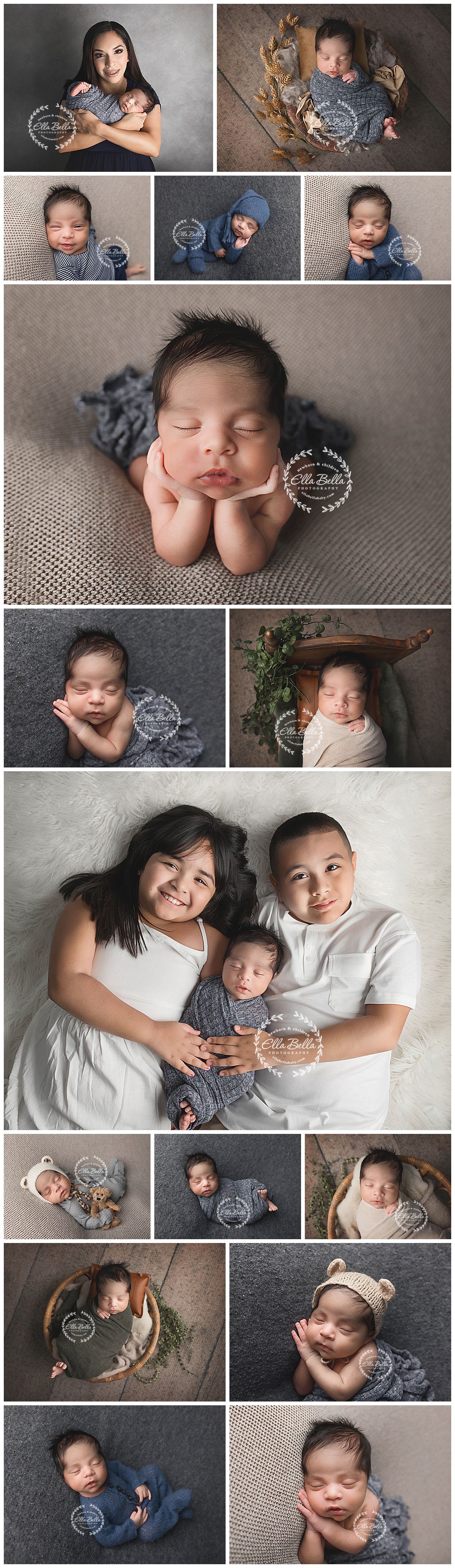 Professional newborn photo collection featuring family portraits and artistic baby poses with props and backdrops.