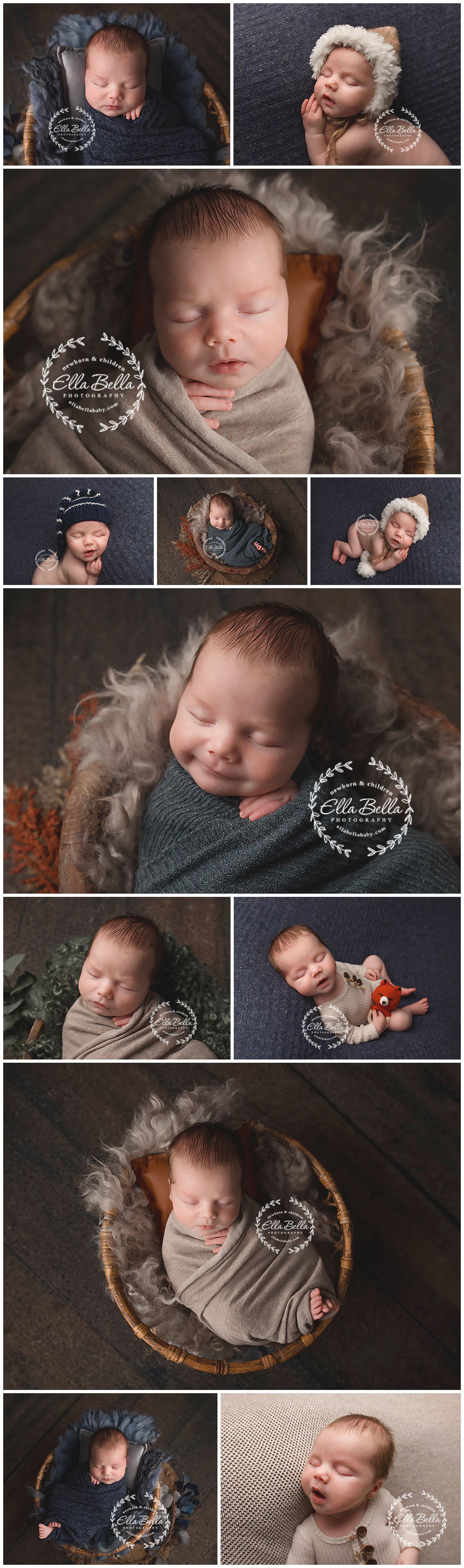 Professional newborn photo collection with various props and textures in neutral tones.