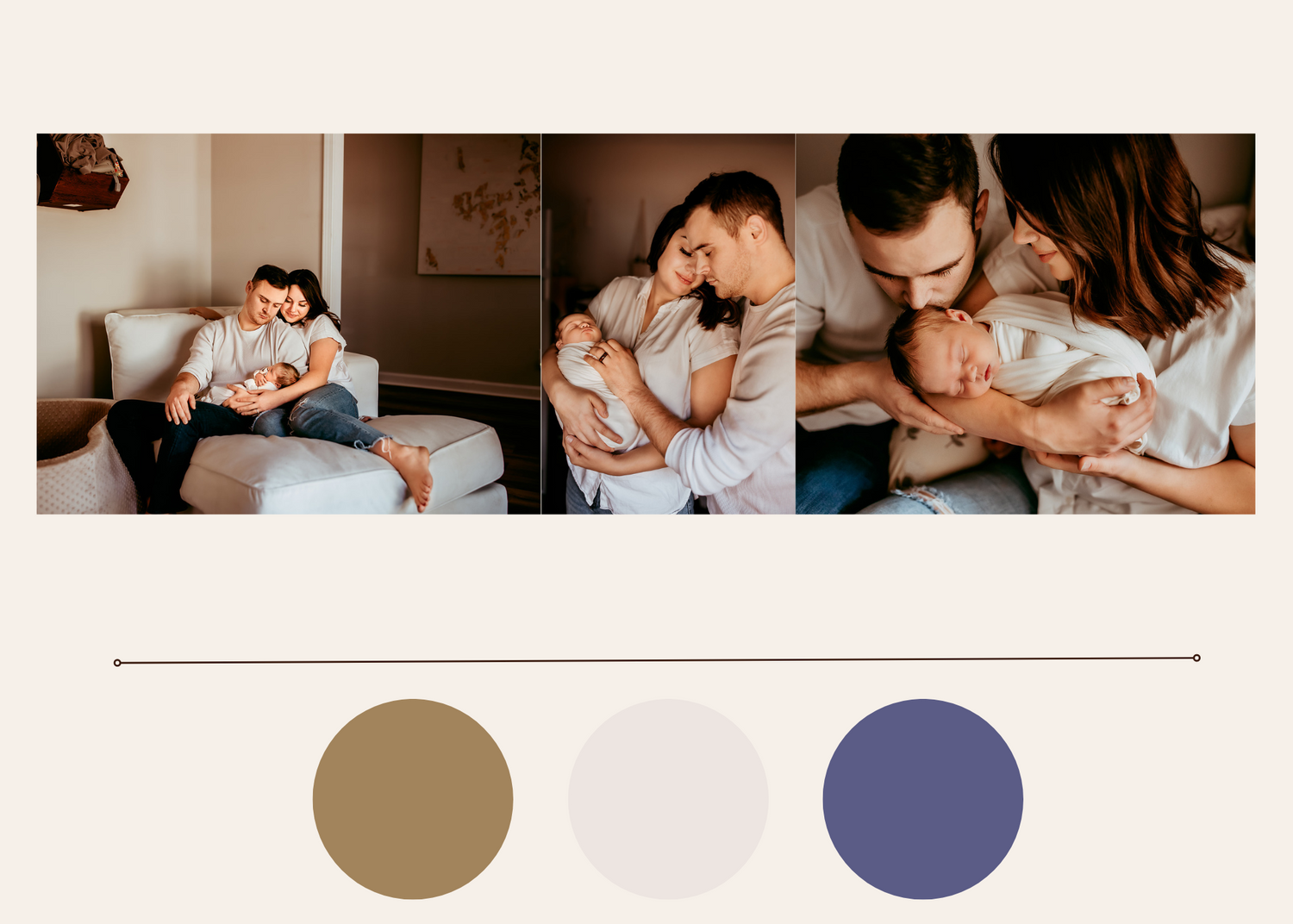 A color palette display with newborn session images wearing the colors displayed.