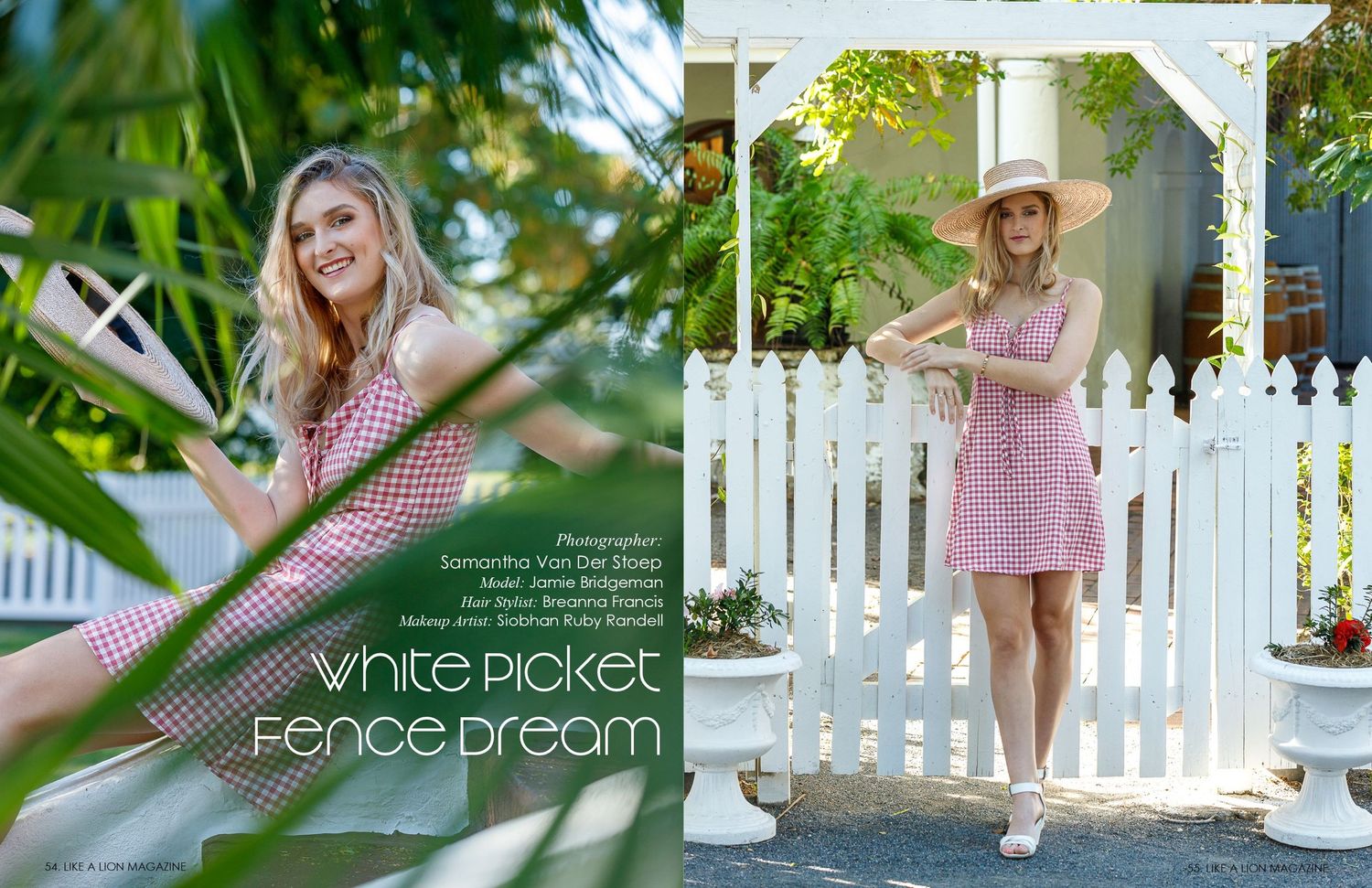 Summer fashion lookbook with pink gingham dress and white picket fence styling.