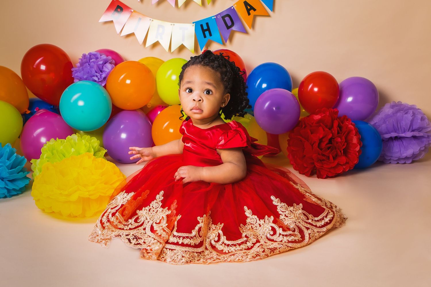 BIrthdya baby girl with lots of baloons