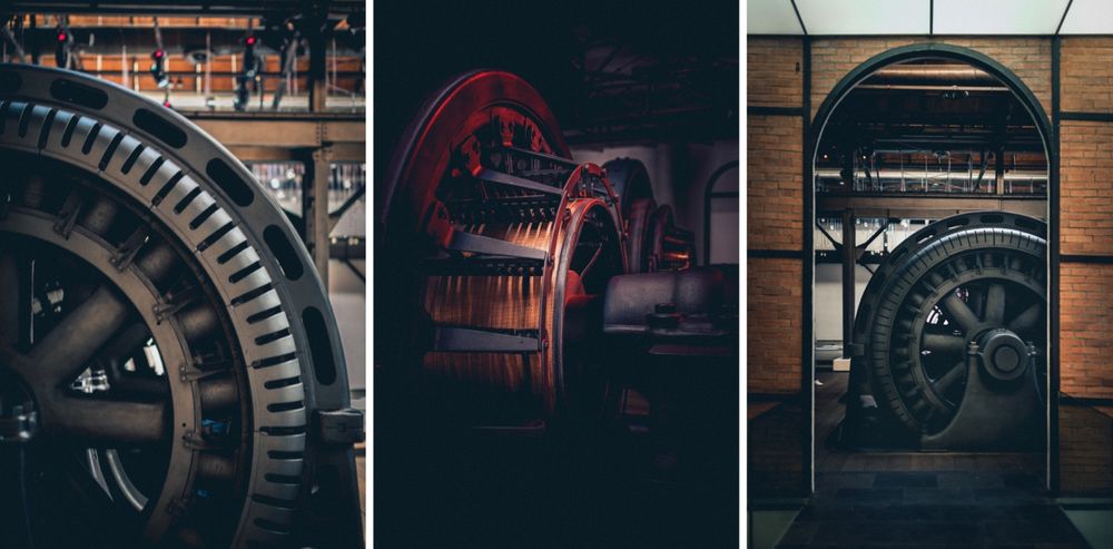 Industrial triptych showing vintage machinery with dramatic lighting and architectural details.