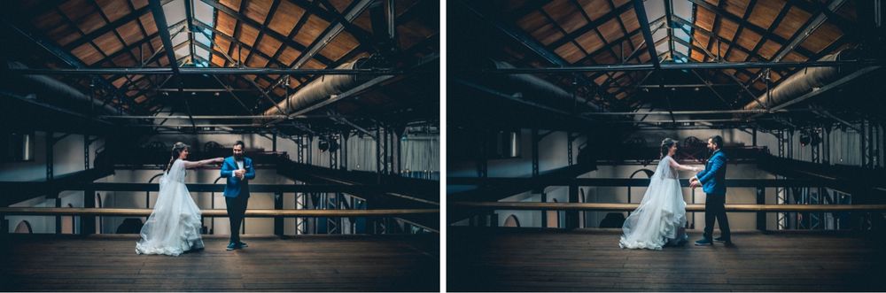 Artistic wedding photo series in industrial warehouse showing couple's dance movements.