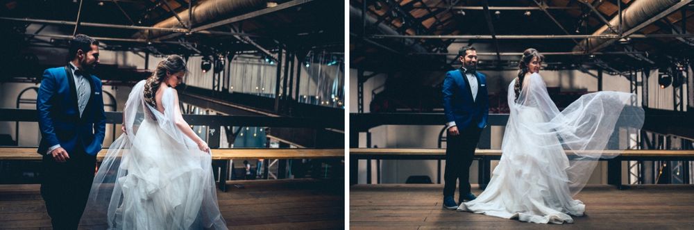 Split image showing dance movements of a wedding couple in an industrial-style venue.