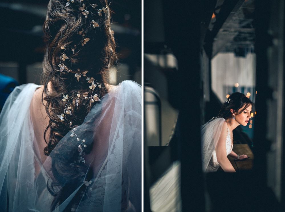 Artistic bridal portraits showing intricate hair details and romantic side profile.