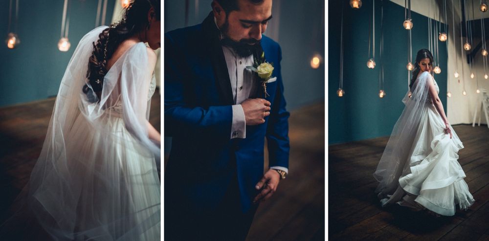 A romantic wedding triptych showing a flowing white dress, navy suit, and dramatic lighting details.