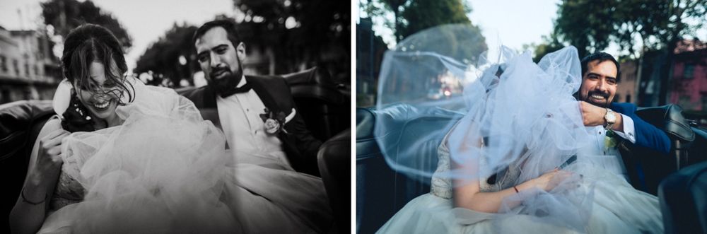 Side-by-side wedding photos showing playful moments with flowing veil movement.