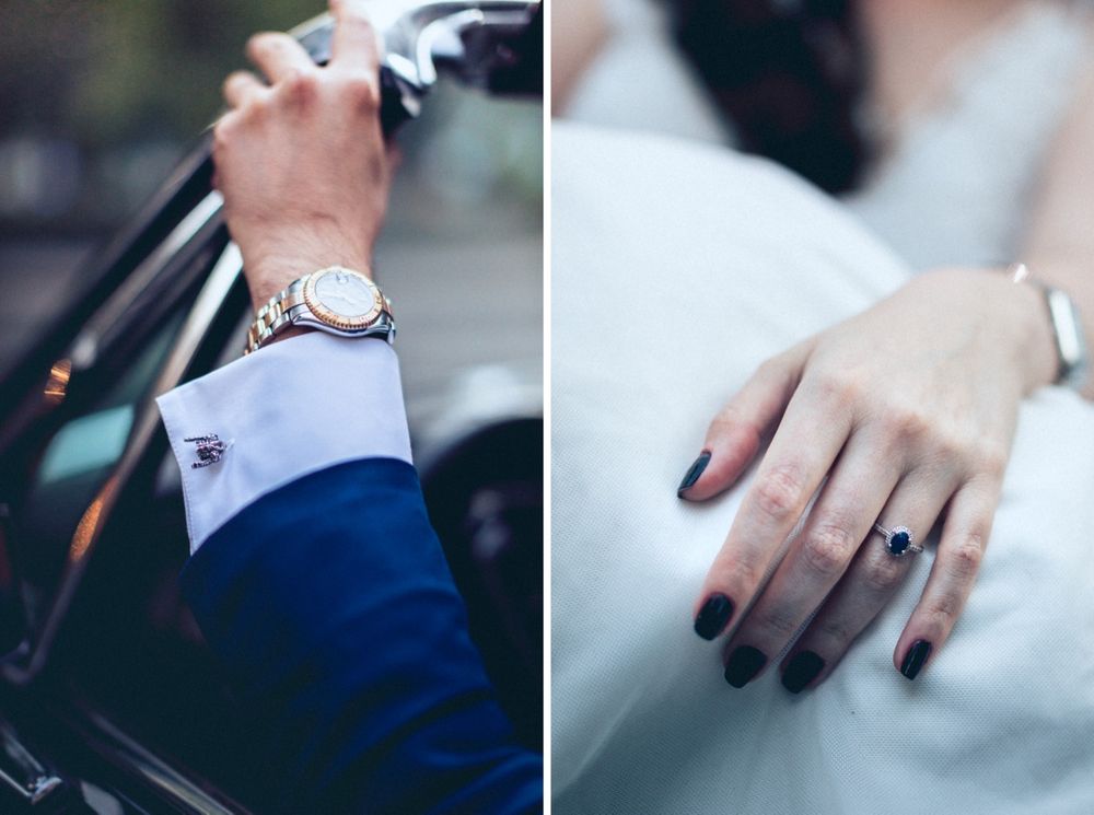 Wedding detail shots of a blue suit cuff with watch and an engagement ring on manicured hand.