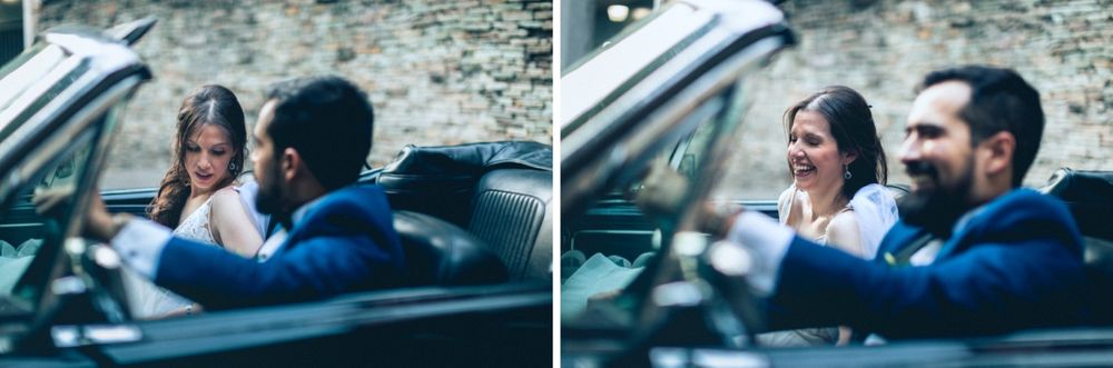 Couple enjoying a romantic moment in a classic convertible car on their wedding day.