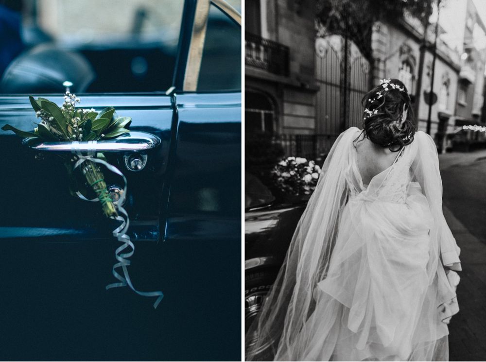 Wedding details showing floral car decoration and a flowing bridal gown on a city street.