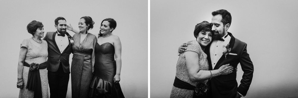 Black and white portraits capture intimate moments between wedding party members.
