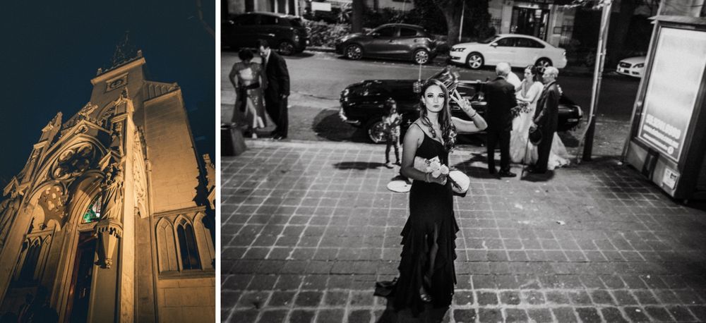 Artistic wedding photography series showing architectural details and couple silhouettes.